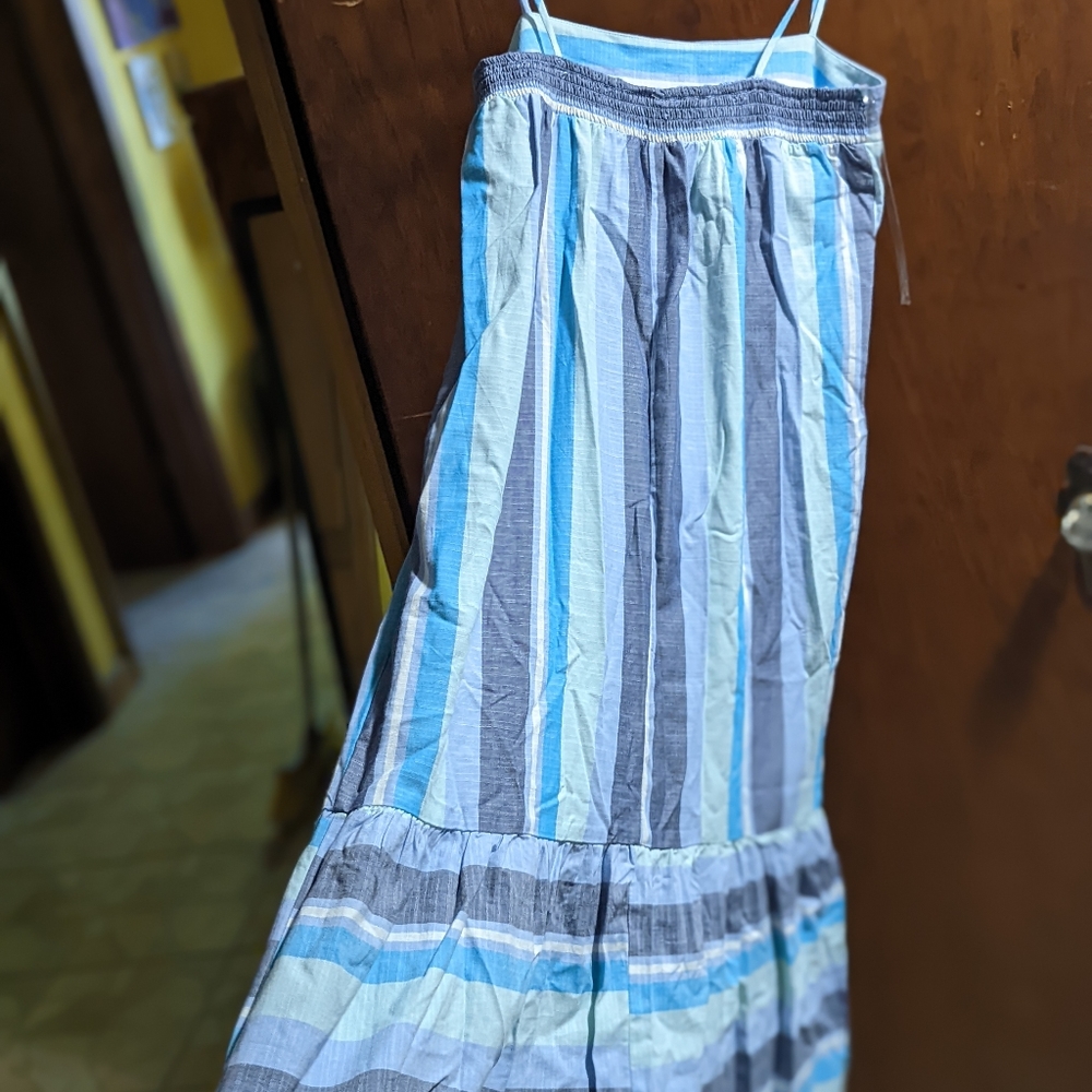 Midi length drop waist blue striped sundress.
